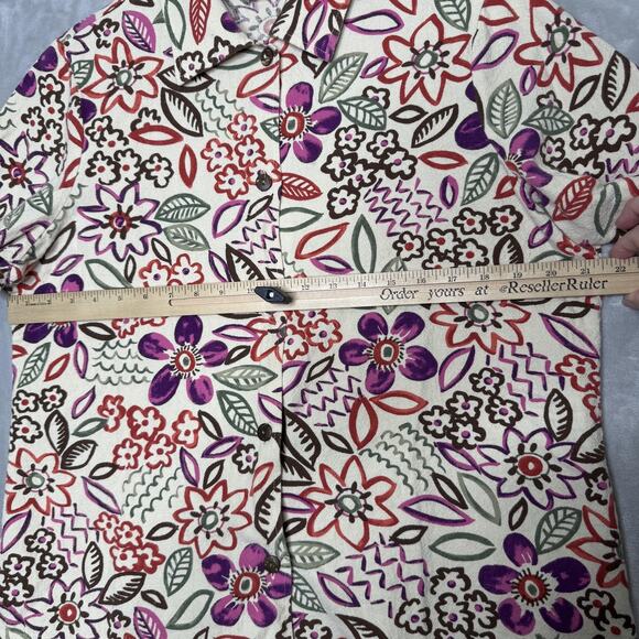 Hot Cotton Shirt Womens Large Cream Multicolor Floral Button Front Short Sleeve - Picture 8 of 11